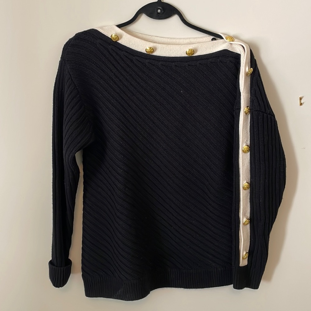 Intermix black sweater with cream trim and gold buttons